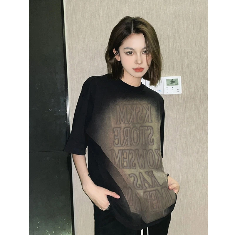 卡盛做旧黑色短袖t恤男女夏季潮牌纯棉oversize美式复古情侣上衣