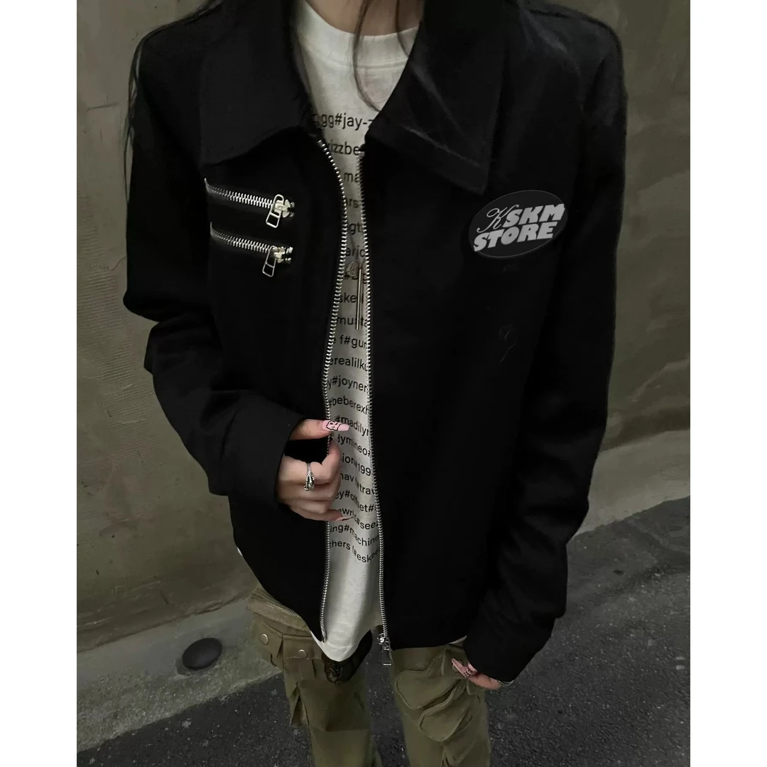 卡盛黑色翻领外套女春秋潮高级感痞帅美式复古情侣棒球服飞行夹克