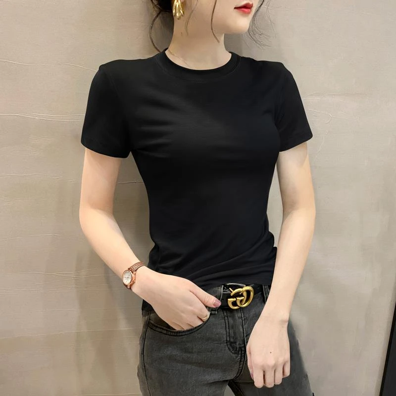 黑色小高领短袖恤女2024夏季新款简约紧身百搭半袖正肩打底上衣潮