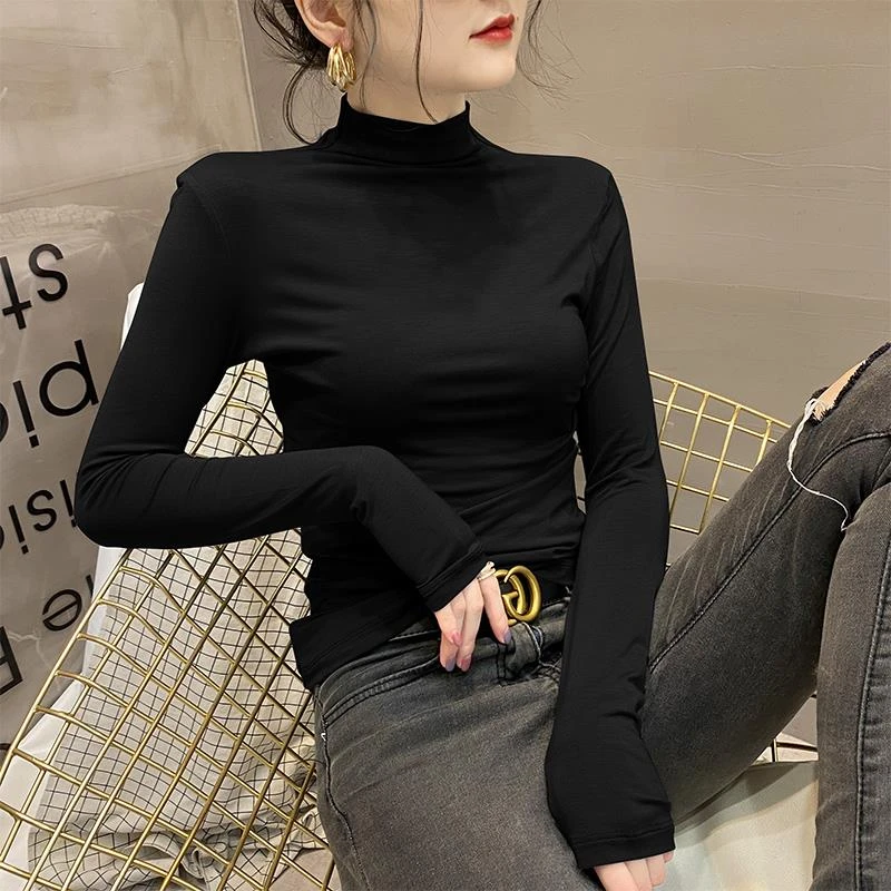 黑色莫代尔半高领打底衫春秋冬新款高档长袖紧身内搭恤女上衣潮