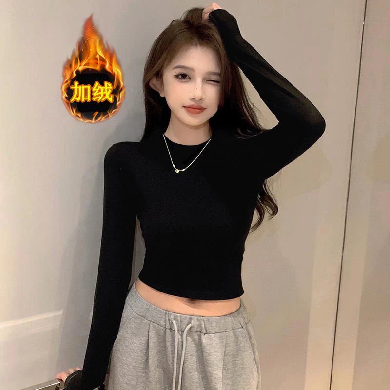 加绒黑色小高领打底衫正肩短款女内搭秋高腰露脐长袖t恤中领上衣