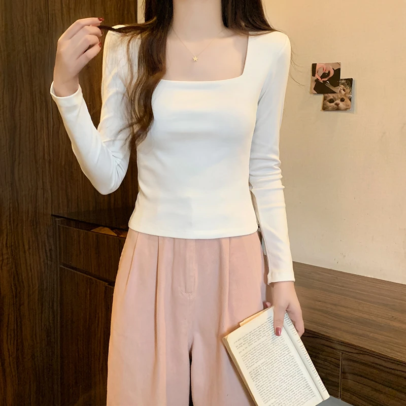 美式方领长袖恤女修身显瘦内搭白色打底衫上衣韩版简约潮流女装潮