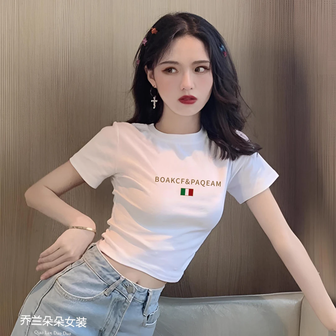 白色正肩短袖恤女2024夏季新款辣妹紧身高腰露脐显瘦上衣小众潮流