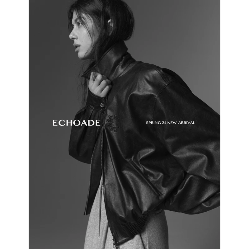 ECHOADE博主挚爱 时髦翻领设计立体logo丝光刺绣小落肩皮夹克外套