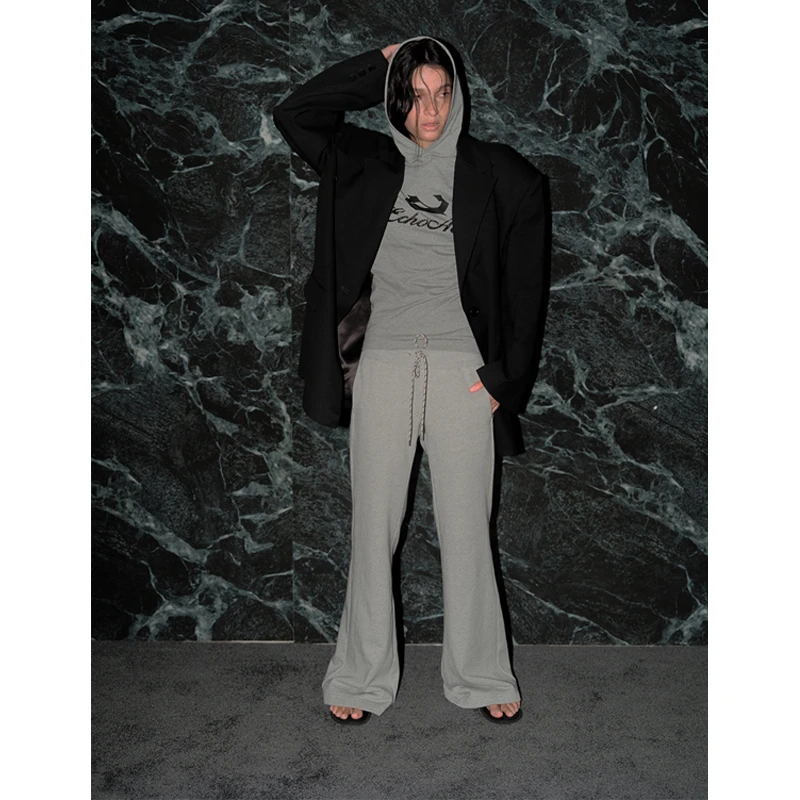 ECHOADE复古80年代 高克重强捻棉 低腰微喇设计抽绳运动长裤