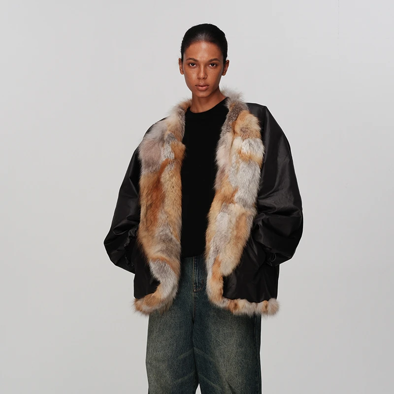ECHOADE叛逆时髦 蓬松细腻狐狸毛 飞行夹克改良 重工廓形皮草外套