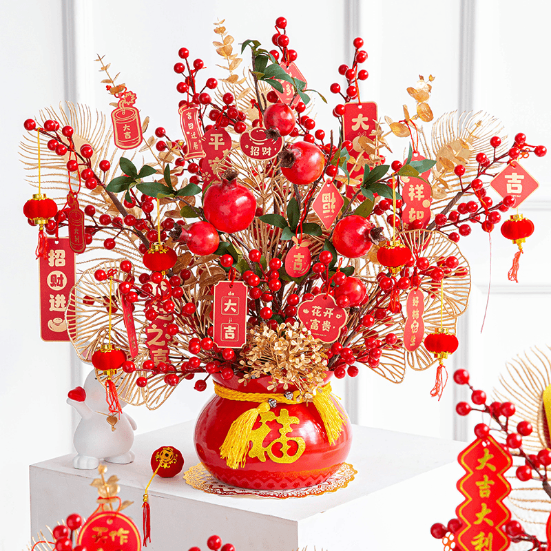红果发财果仿真花摆件客厅红色年宵花红红火火福桶假花装饰花摆设