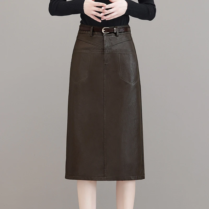 秋冬加绒皮裙女中长款大码半身裙显瘦高腰百搭裙子秋冬开叉一步裙