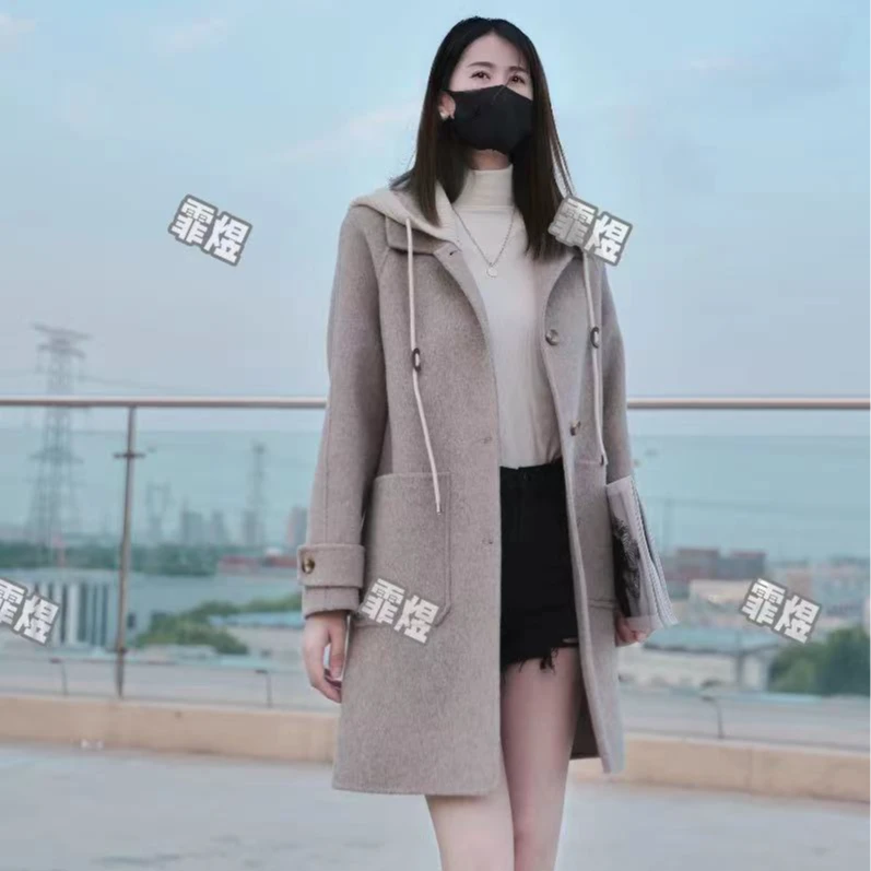 天丝长羊毛霏煜脱卸帽两穿双面羊毛大衣外套82036韩系