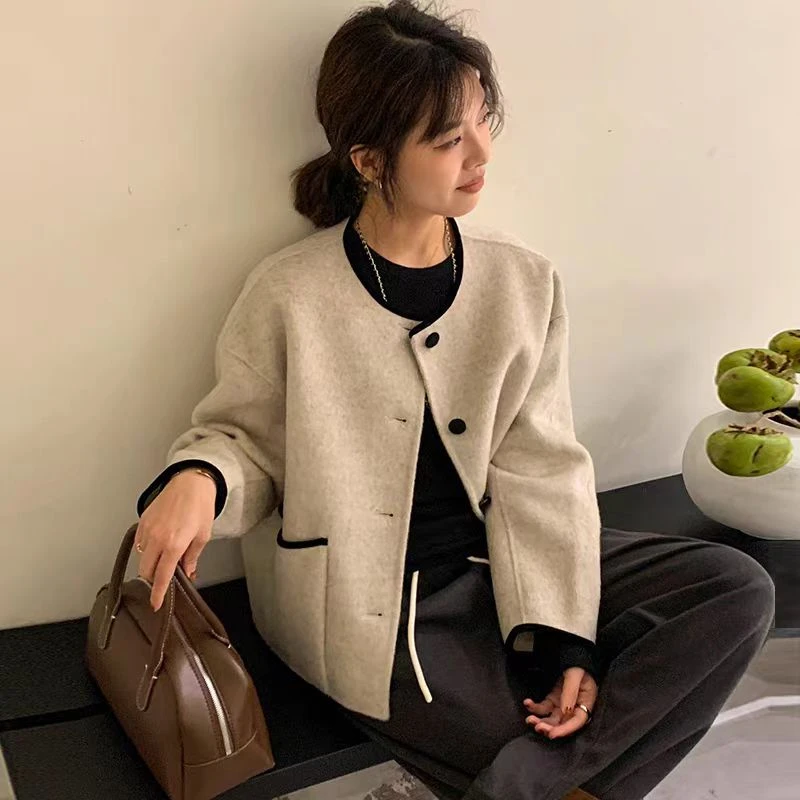 22030宽松短款外套毛呢短外套时尚气质韩系复古春款新品外套