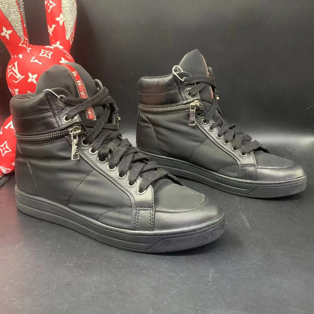【AO折扣】Prada/普拉达 38.5欧码 男士时尚休闲黑色拉链高板板鞋