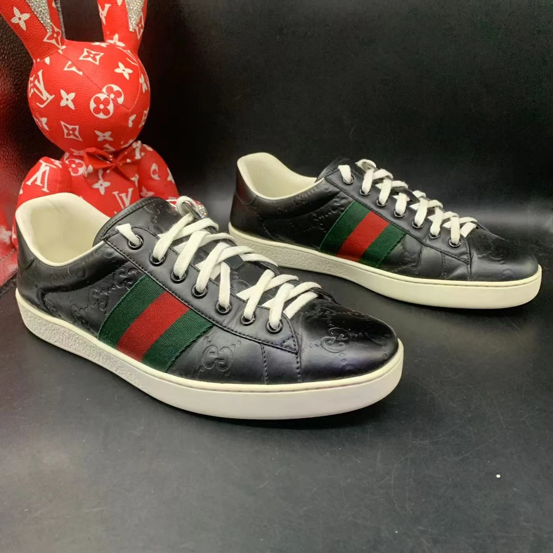 【二奢特惠】古驰/GUCCI 41.5欧码 男士黑色印花织带板鞋ddm775