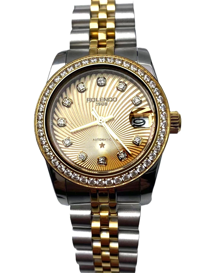 全新未使用 ROLENDO R/罗兰度 自动女表RL7100镶石金面公价11880