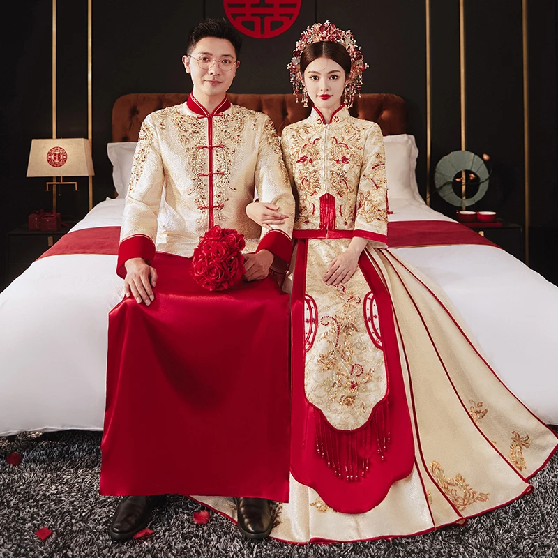 秀禾服新娘2023新款结婚中式嫁衣香槟金色秀和服龙凤褂礼服大码