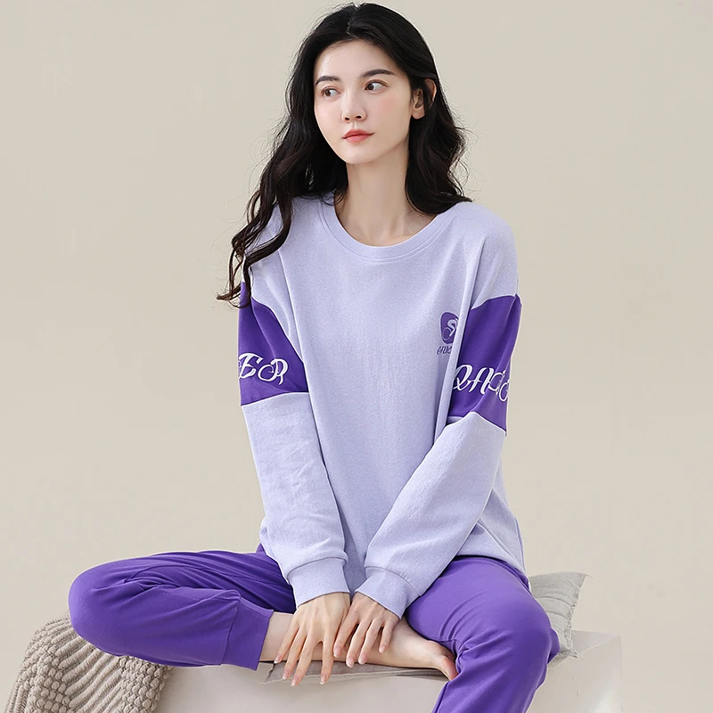 100%棉新品女睡衣纯棉圆领休闲宽松秋季女士外穿款家居服时尚