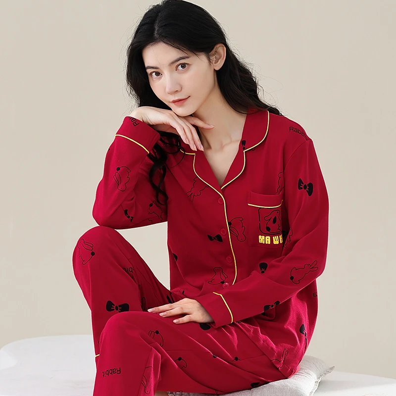 秋季女款睡衣纯棉加厚长袖翻领红色简约100%棉春秋季女士家居服