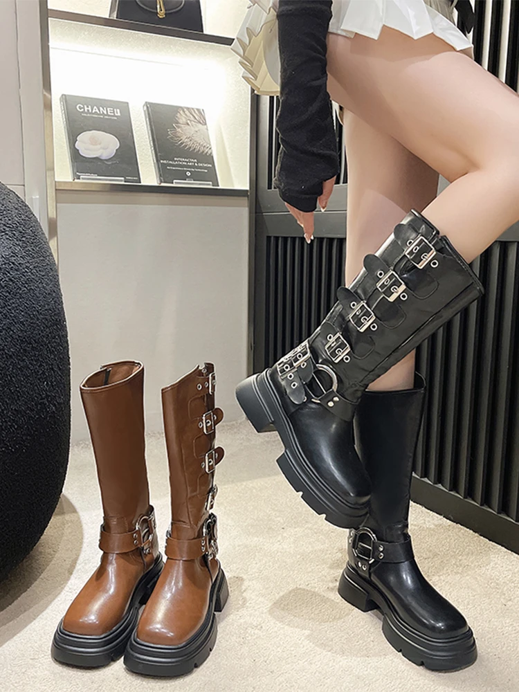 长筒靴女2023年秋季新款皮带扣厚底棕色复古西部牛仔靴高筒骑士靴