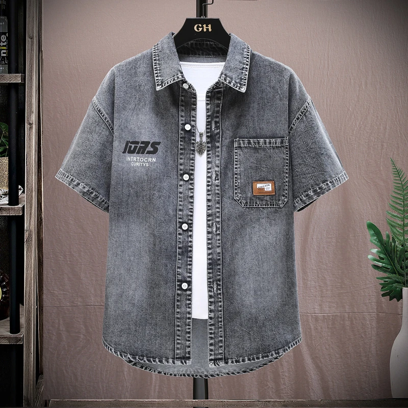 牛仔短袖衬衫男士新款夏季潮牌半袖衬衣帅气薄款休闲复古外套