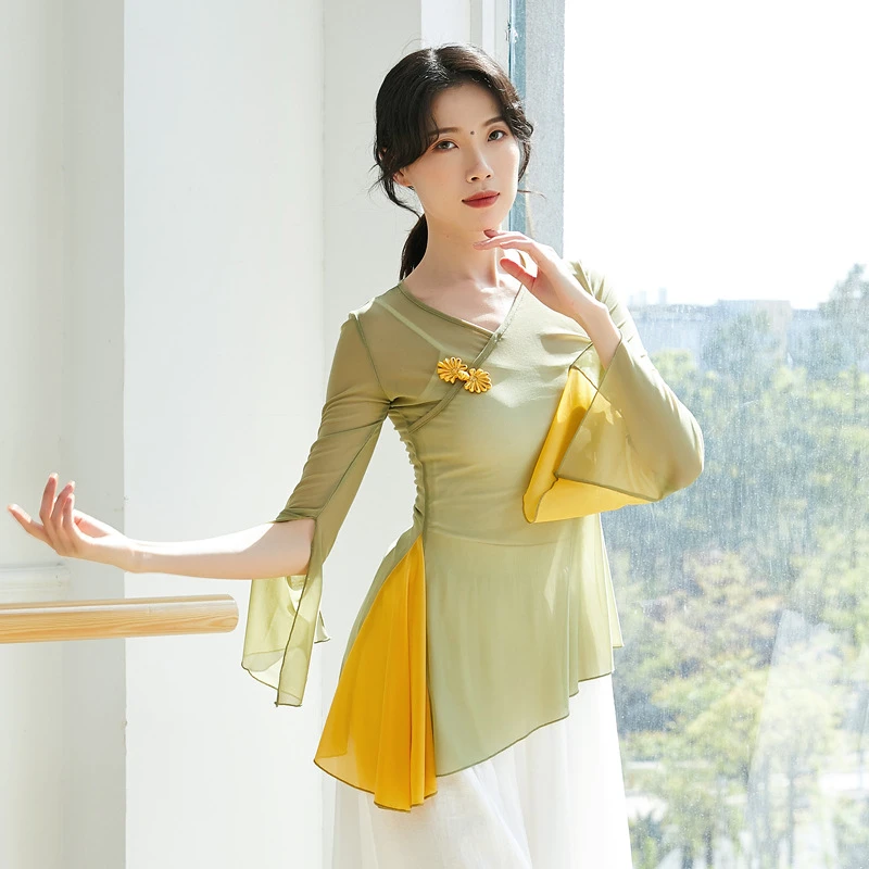 【新品特惠】古典舞舞蹈演出服中国舞练功服拼色上衣艺考纱衣飘逸