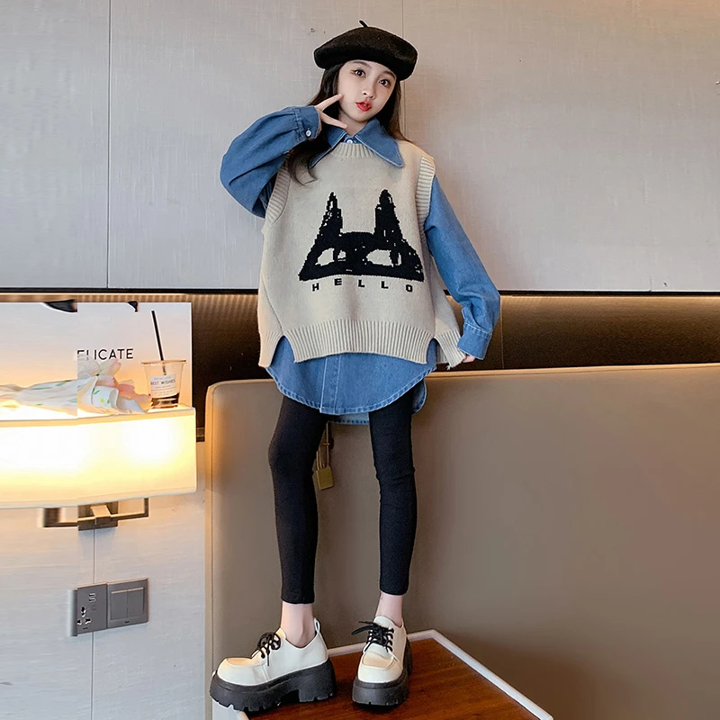 女童春秋套装2025新款儿童牛仔毛线马甲两件套中大童洋气宽松时髦