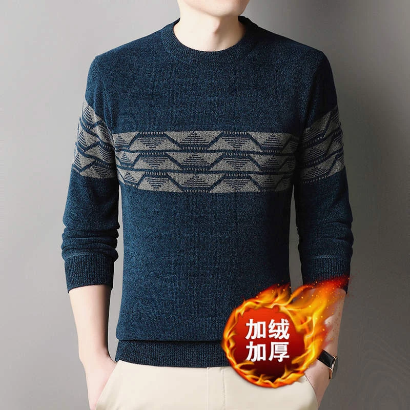 雪尼尔秋冬中老年加绒加厚圆领男士毛衣宽松大码针织衫打底衫男装