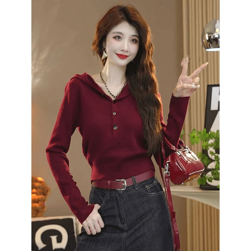 纯色连帽半开领针织衫女2024新款秋季慵懒风休闲宽松减龄百搭上衣