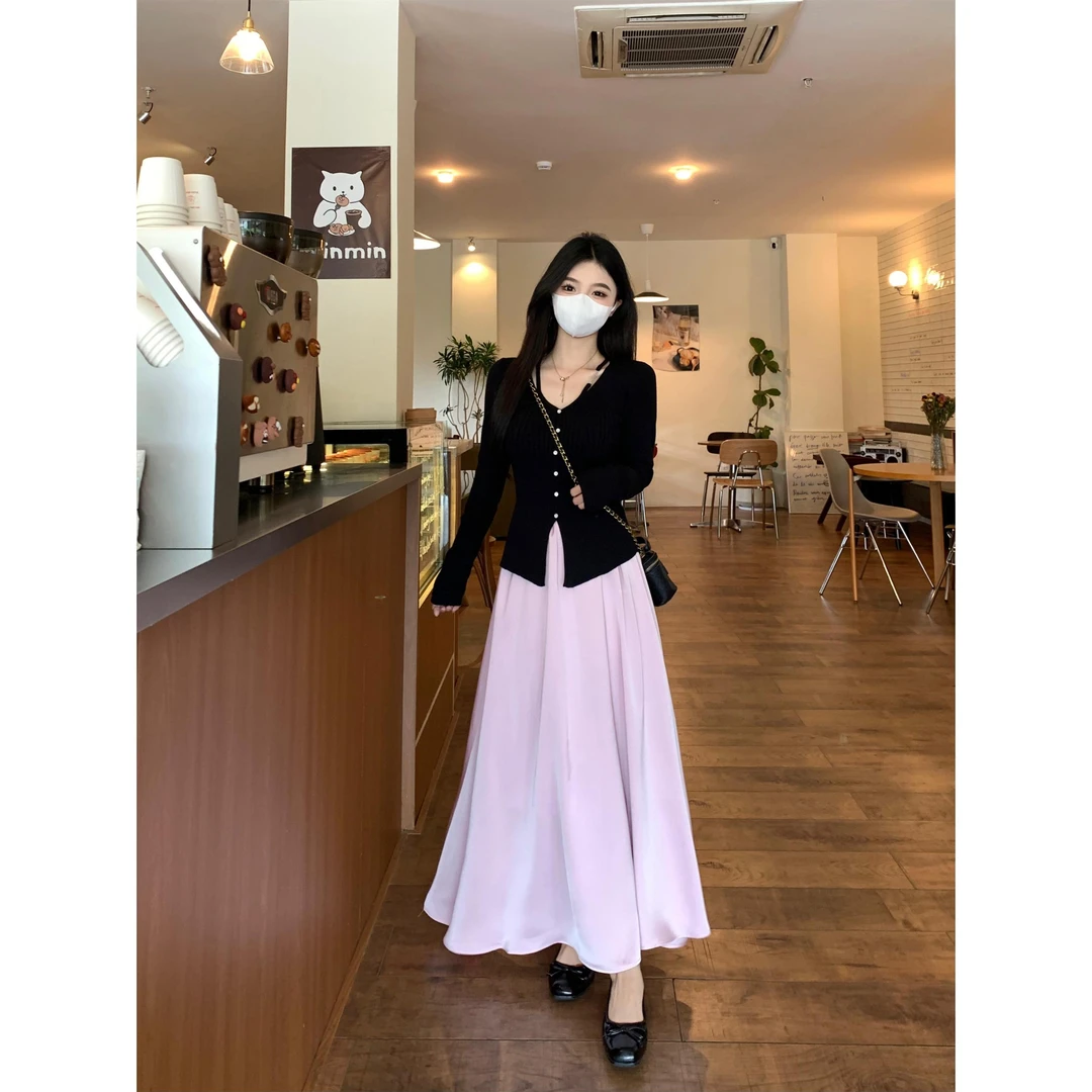 2024 秋季新款不规则设计感开叉针织上衣+高腰显瘦半身裙套装