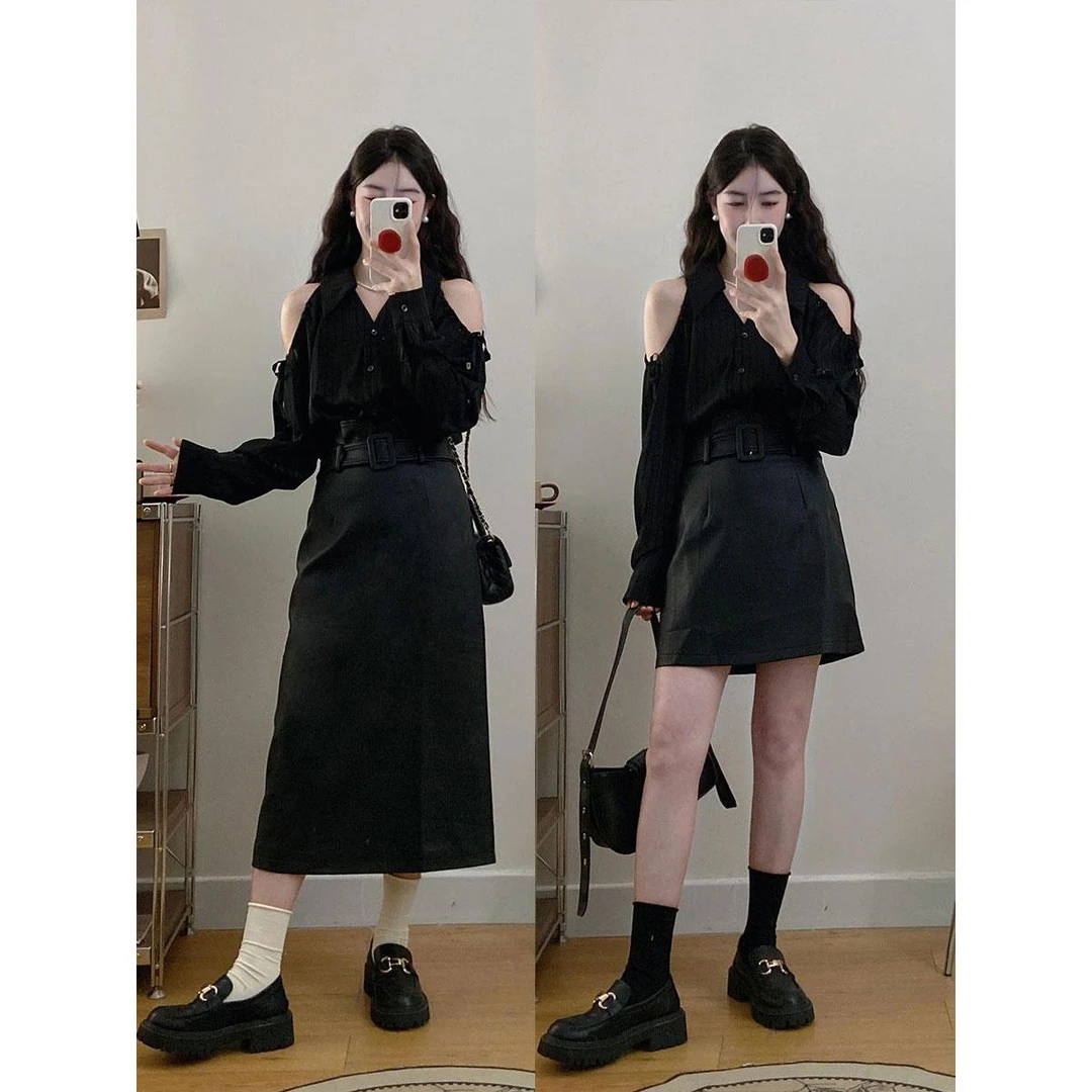 2024大码女装行走时髦精V领露肩竖条纹质感衬衫+高腰皮裙套装女