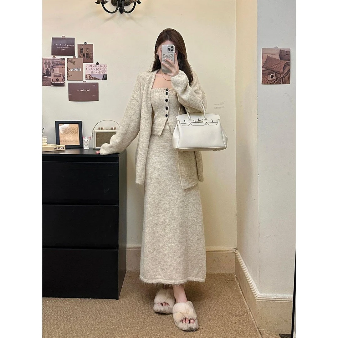 大码女装慵懒毛衣开衫外套抹胸背心针织半身裙三件套套装女