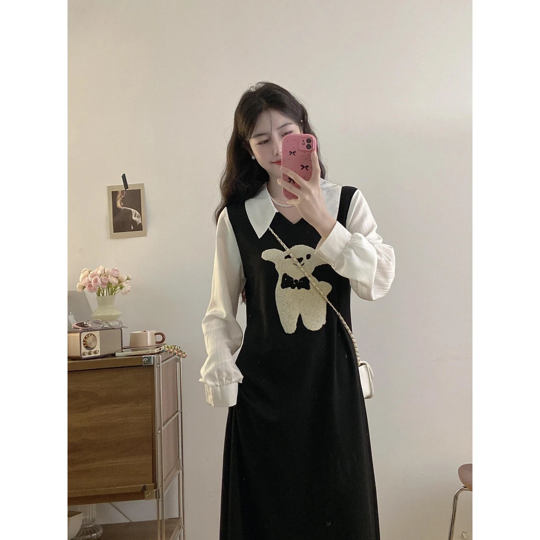 大码法式假两件连衣裙女装秋季减龄洋气连衣裙胖MM遮肉显瘦设计感