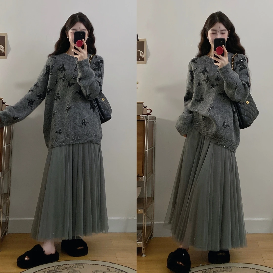 大码女装设计师款休闲百搭气质毛衣半身裙套装女