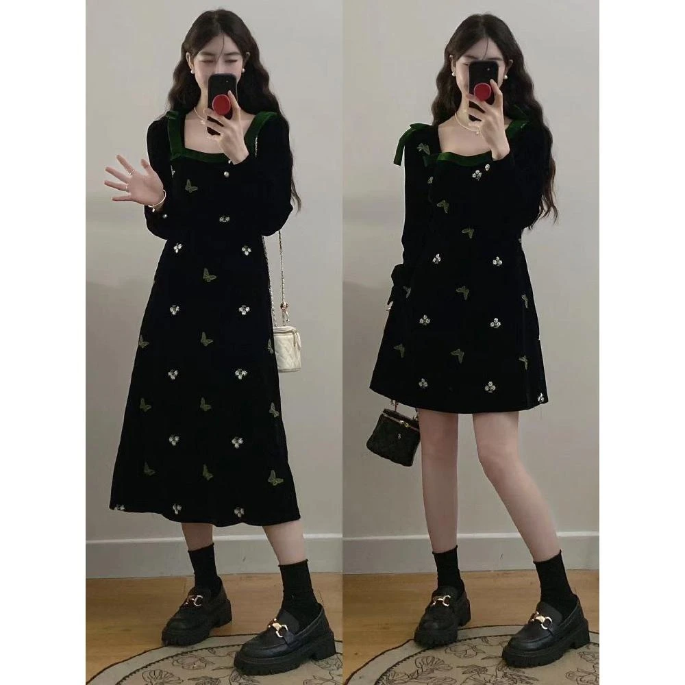 大码女装胖mm新款刺绣拼接收腰显瘦丝绒连衣裙