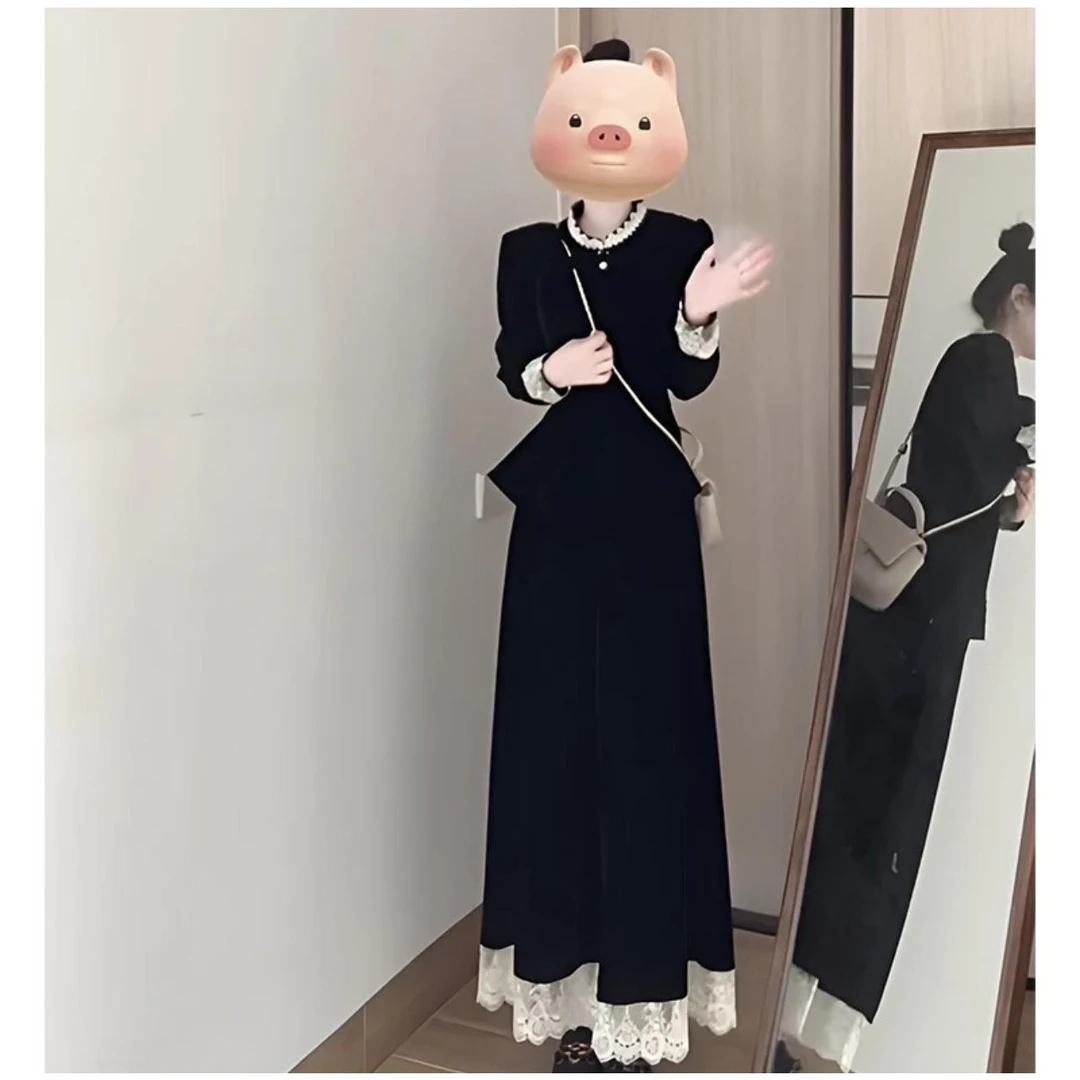 大码女秋冬季新款蕾丝长袖拼接打底衫+半身裙高腰长裙时尚套装女