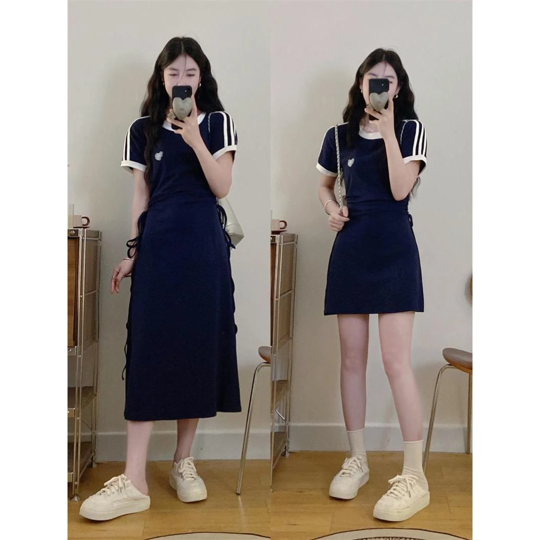 2024新款夏季设计感透气弹力针织拼色休闲减龄裙子