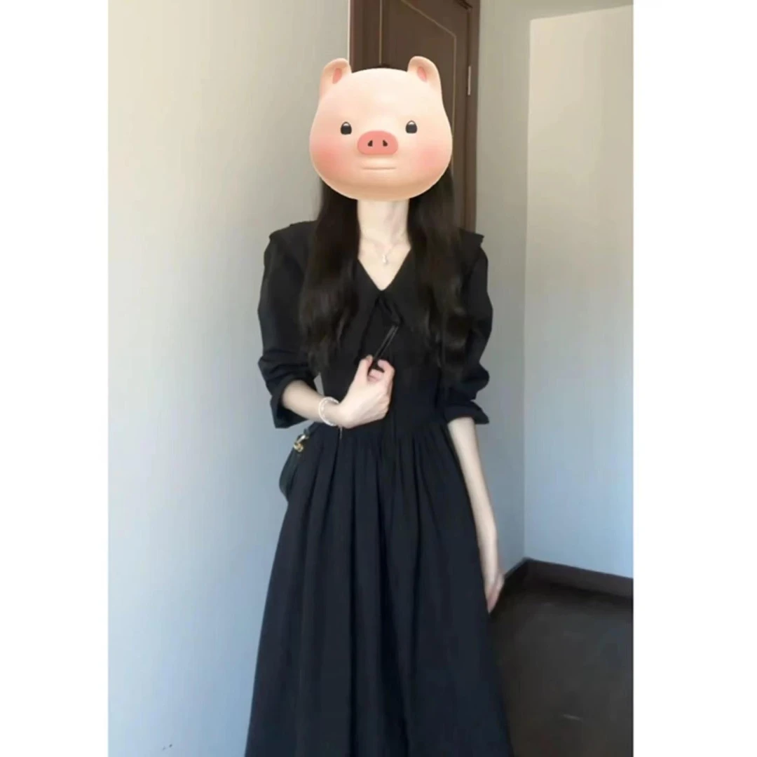 秋装女款2025年新款五分袖中长款气质海边度假气质海边黑色连衣裙