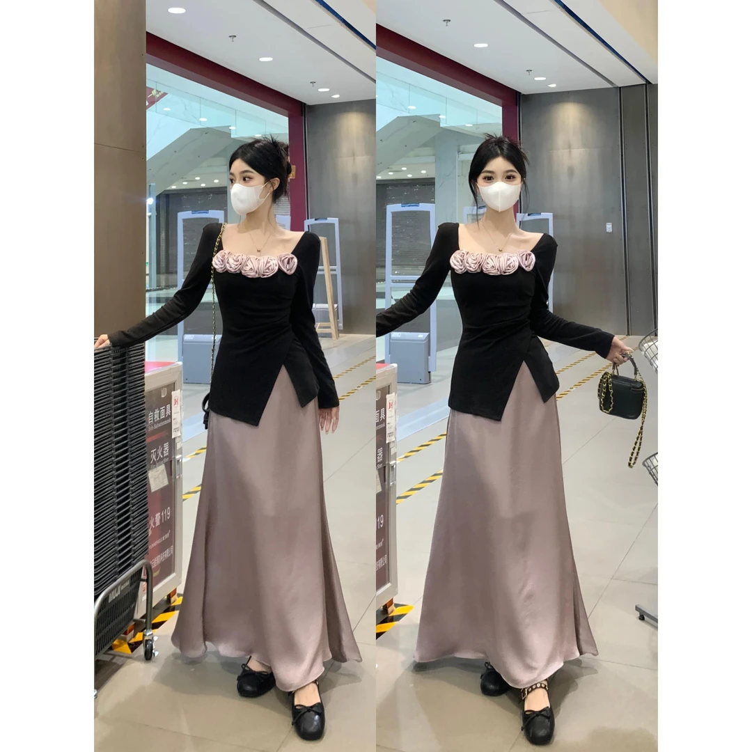 2024大码立体玫瑰方领掐腰开叉T恤缎面半身长裙女秋新款两件套