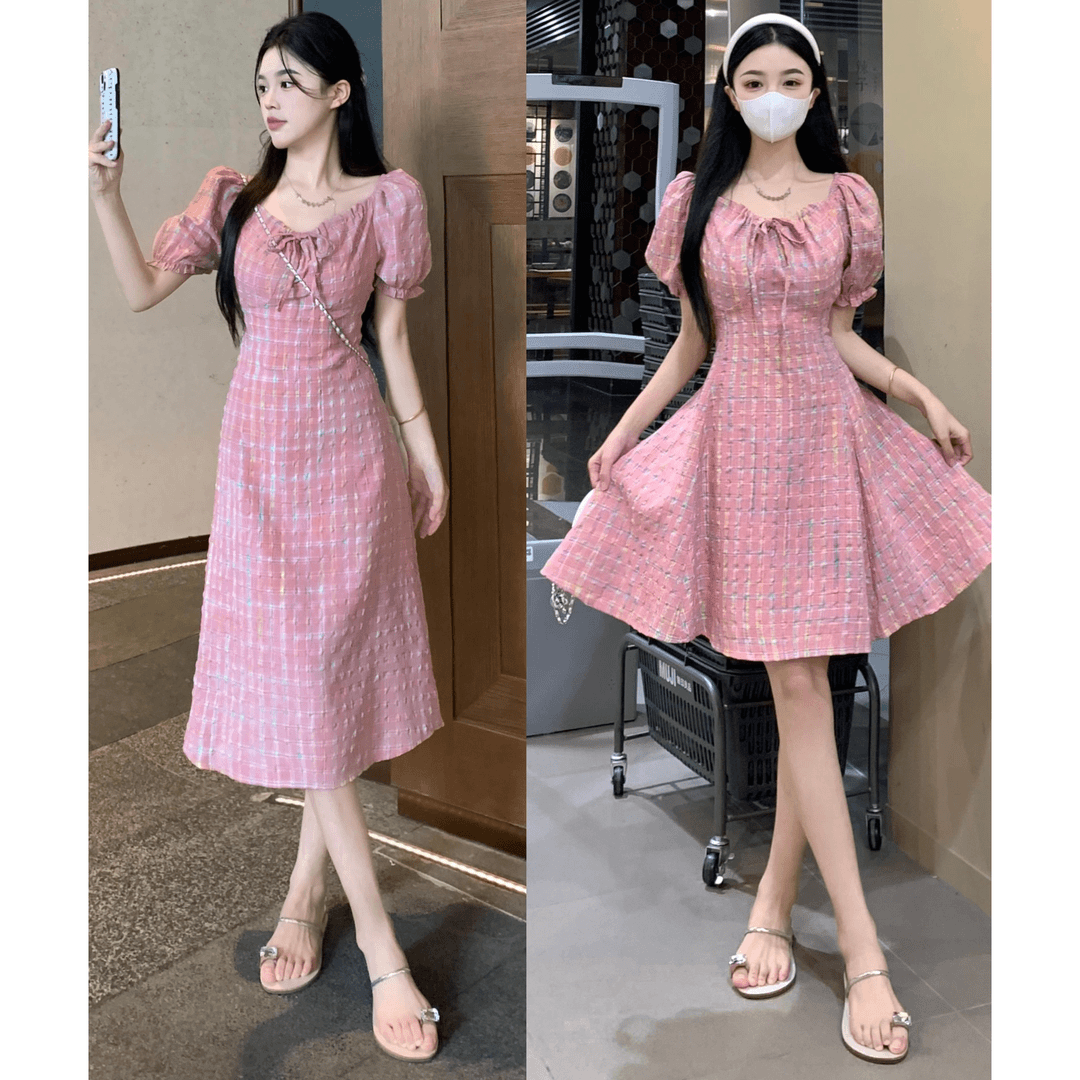 2024大码女装新款胖妹货粉粉招桃花温柔玫瑰方领碎花连衣裙