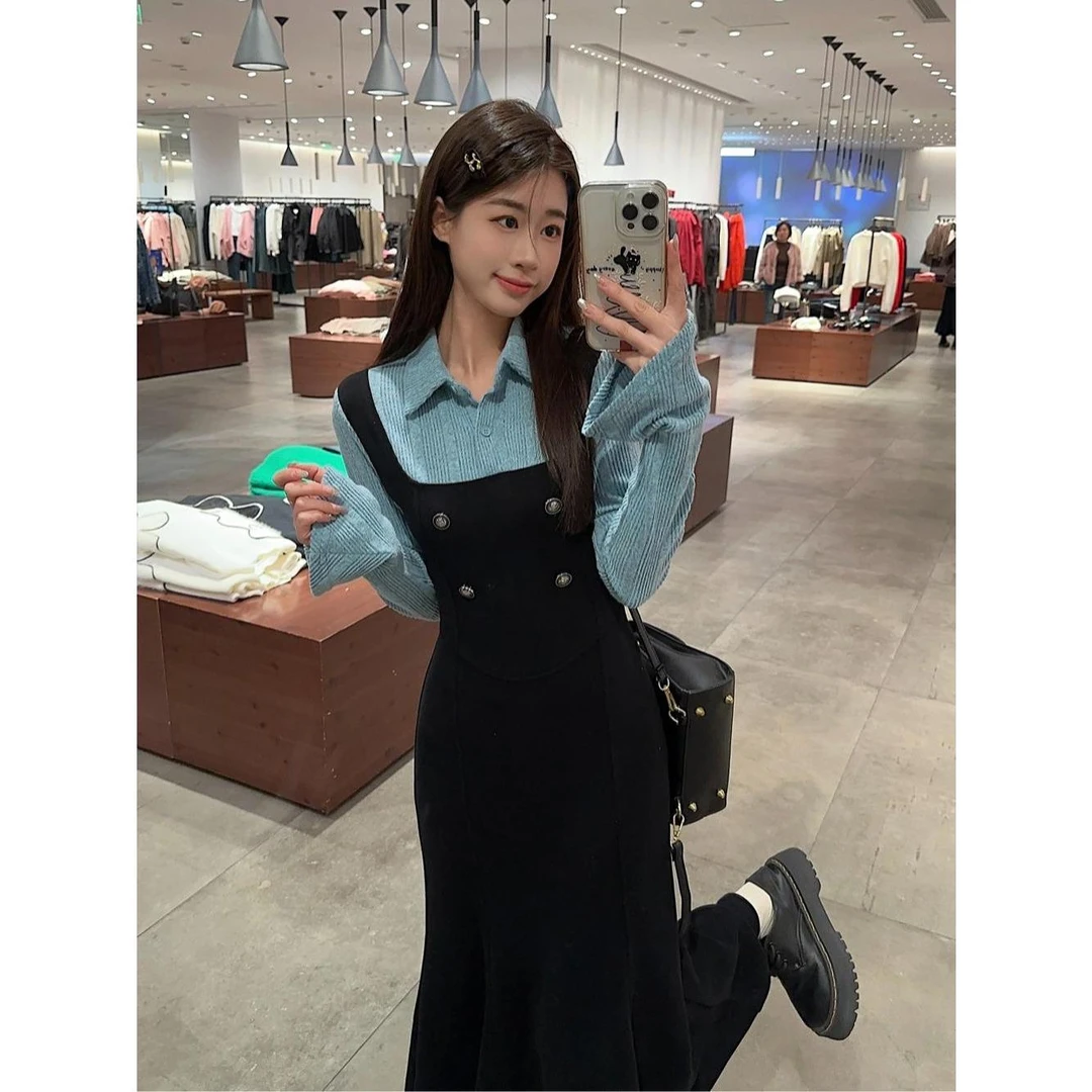 大码女装假两件连衣裙秋季胖MM新款高级感拼接显瘦气质长裙