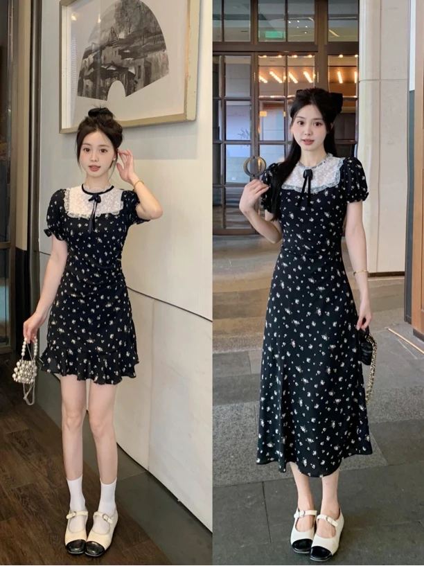 法式复古蕾丝拼接黑色碎花连衣裙miu系收腰a字小黑裙少女感