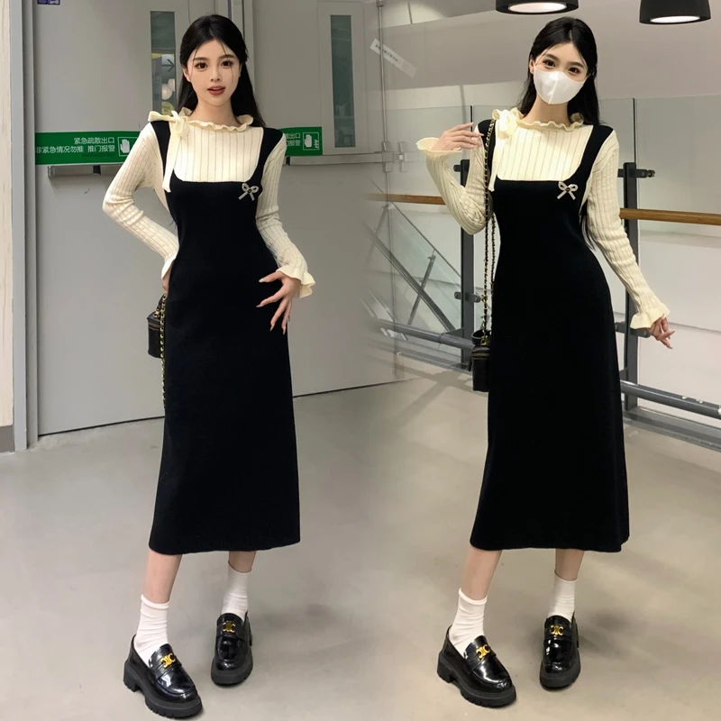 2024大码胖MM秋冬打底裙假两件法式复古针织气质时尚女连衣裙