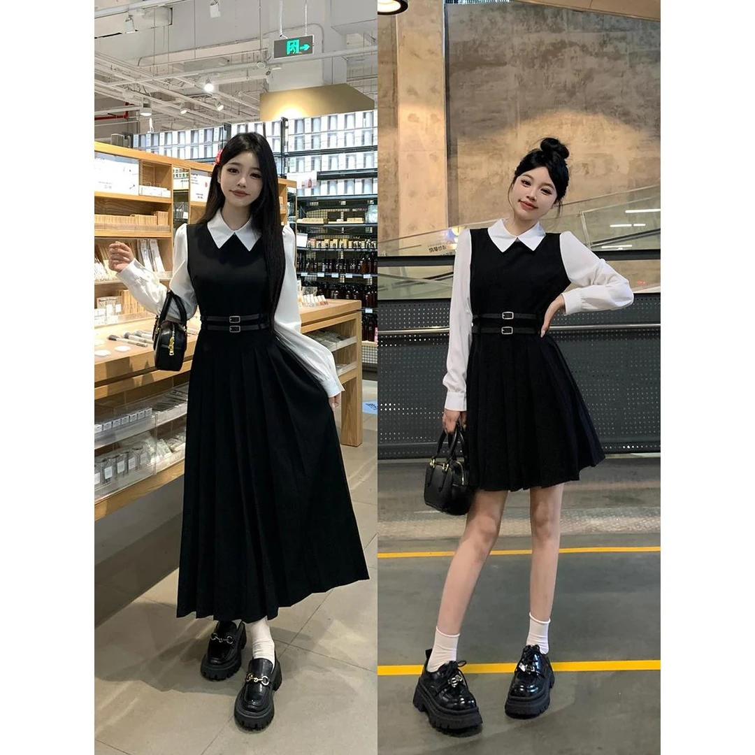 大码女装假两件显瘦收腰女装连衣裙胖mm藏肉百褶裙连衣裙女