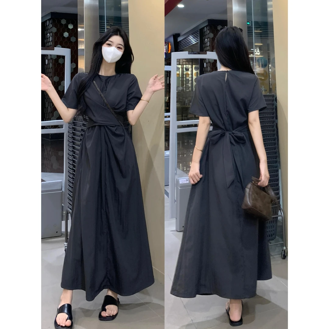 大码韩系短袖连衣裙女小众设计感交叉绑带可甜可盐收腰显瘦长裙子