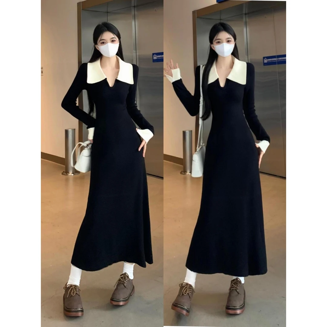 2024撞色翻领针织连衣裙女秋冬可单穿内搭打底毛衣连衣裙