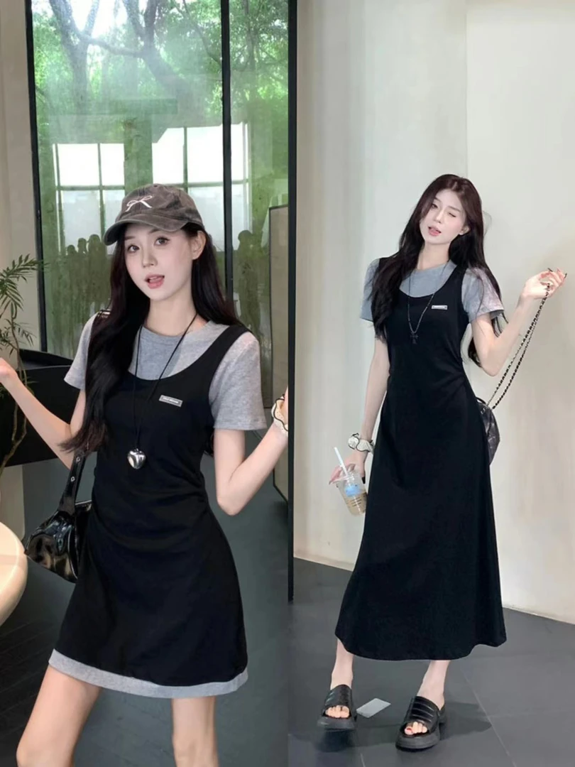 大码女装气质显瘦时尚休闲设计感拼接假两件女装连衣裙胖MM