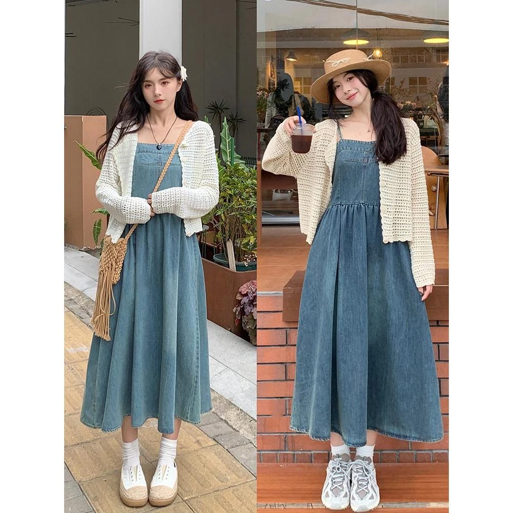 大码女装2024夏季气质遮肉显瘦吊带牛仔连衣裙针织开衫两件套