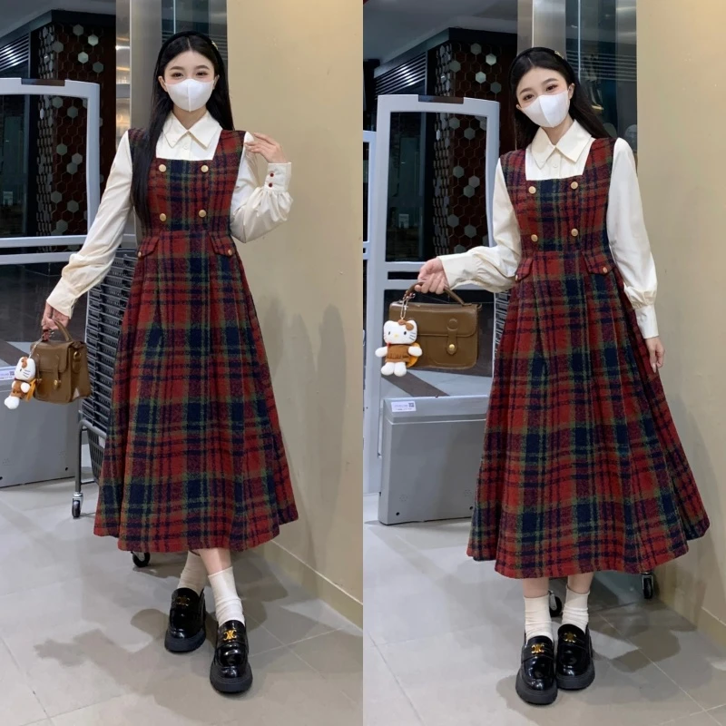 2024大码女装秋冬新款衬衫拼接假两件拼接毛呢格子学院风连衣裙