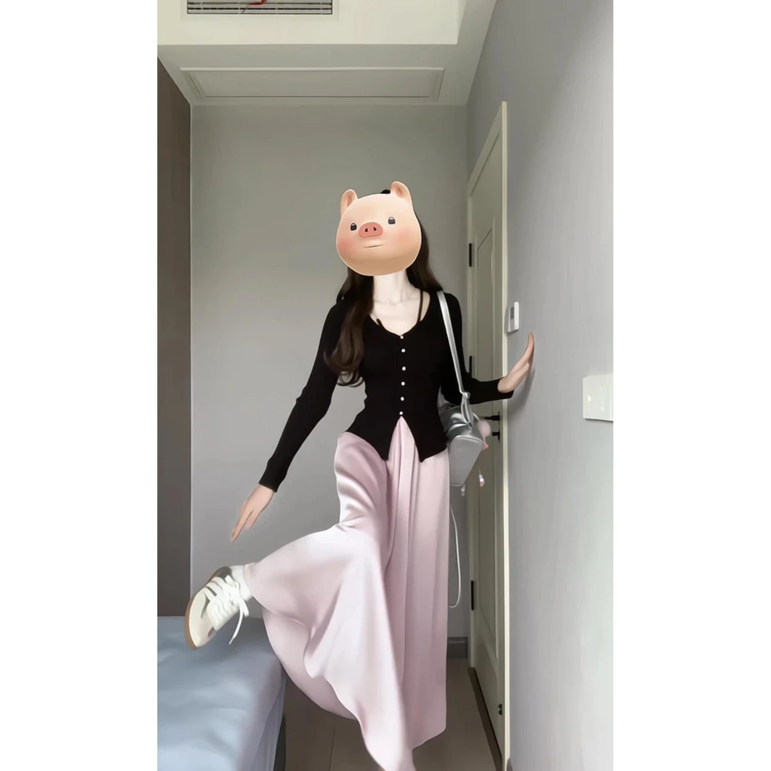 法式设计感不规则长袖V领上衣早秋新款高腰显瘦甜美半身裙两件套