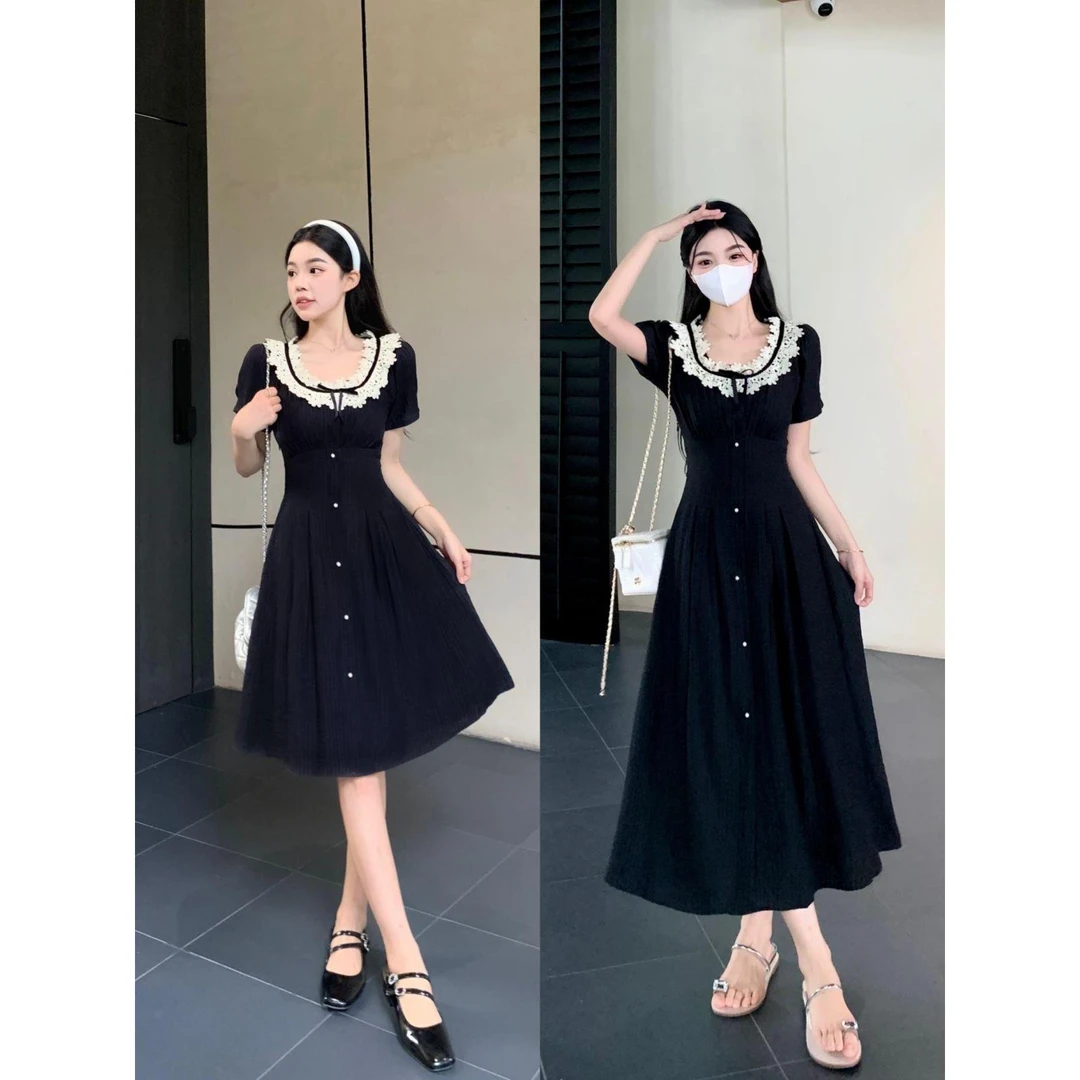 大码回旋曲2024年夏季复古蕾丝法式甜美小黑裙修身显瘦连衣裙