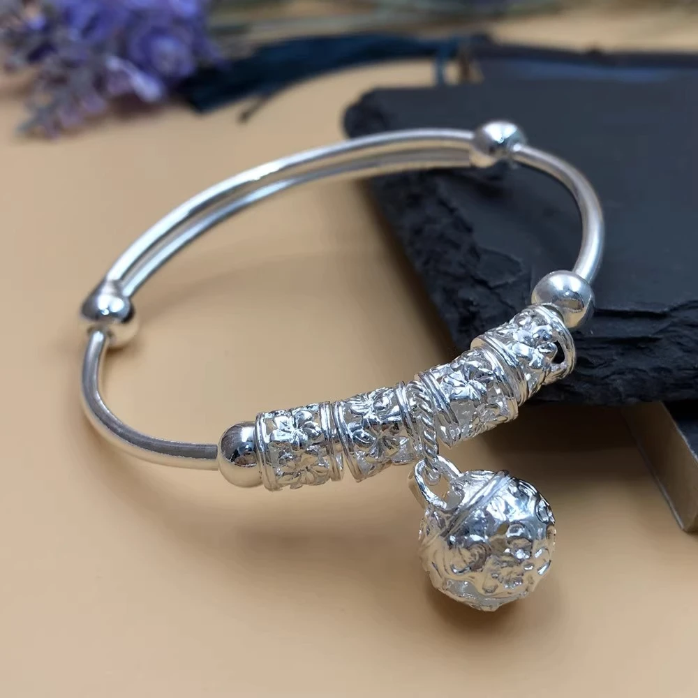 足银手镯 09纯银999铃铛手镯女学生简约银宫铃足银镯子送女友礼物