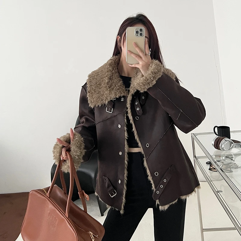 布朗尼美拉德两面穿翻领网红外套女秋冬短款时尚机车夹克宽松百搭